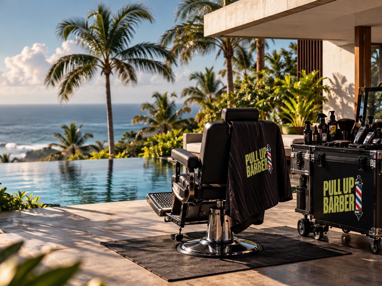 Mobile barber setup at a villa in Bali